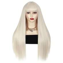 D613 Blonde Long Straight Wig With Bangs Light Blonde Silky Straight Hair Wigs For Women 28 Inch Synthetic Heat Resistant Fiber Wig For Cosplay Daily Party Use - 0Blonde - View 2