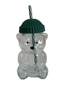 Mini Bear Shaped Glass Cup With Green Cap Lid And Straw - Transparent Cute Bear Shaped Drinking Cup, Suitable For Home And Office Use, 2025 Christmas Gift, Reading Cup, Holiday Gift, Fun Drinkware, Durable Glass Ware - Multicolor - View 7