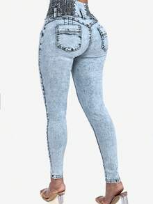 Women's High Waist Pocket Skinny Casual Distressed Denim Jeans Spring - Medium Wash - View 3