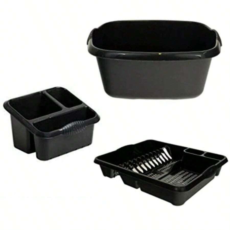 Set Of 3 Plastic Large Kitchen Sink | Rectangular Sink Tidy, Washing Up Bowl, Large Dish Drainer In Midnight/Graphite Colors - 午夜黑 - 查看 1