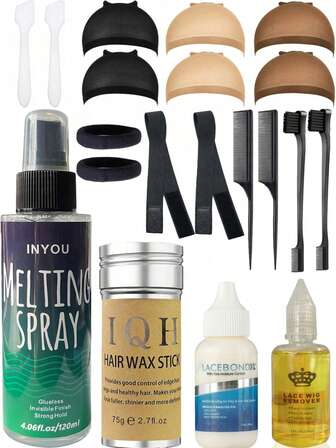 ikt 蕾丝假发安装套装，包含造型喷雾、发蜡棒、假发胶水及卸胶剂、假发帽、松紧带、边缘刷和尖尾梳，适用于蕾丝前额假发、发片、发际线造型和日常假发保养。