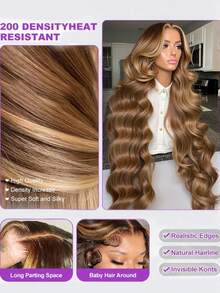 28英寸巴西原生发13x4透明蕾丝前假发，真人前额发假发，5x5 200%密度，即戴即用，无需胶水，混合发丝，预先拔毛，预先修剪，自然波浪卷，女士无胶蕾丝前额闭合，即戴即用假发，4/27蜂蜜金棕色 - S4/27 - 查看 5