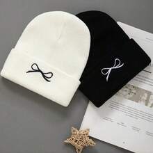 女士时尚冬季针织帽围巾套装（半件套），休闲拉法帽和围脖，男女通用蝴蝶结刺绣 - 彩色 - 查看 1