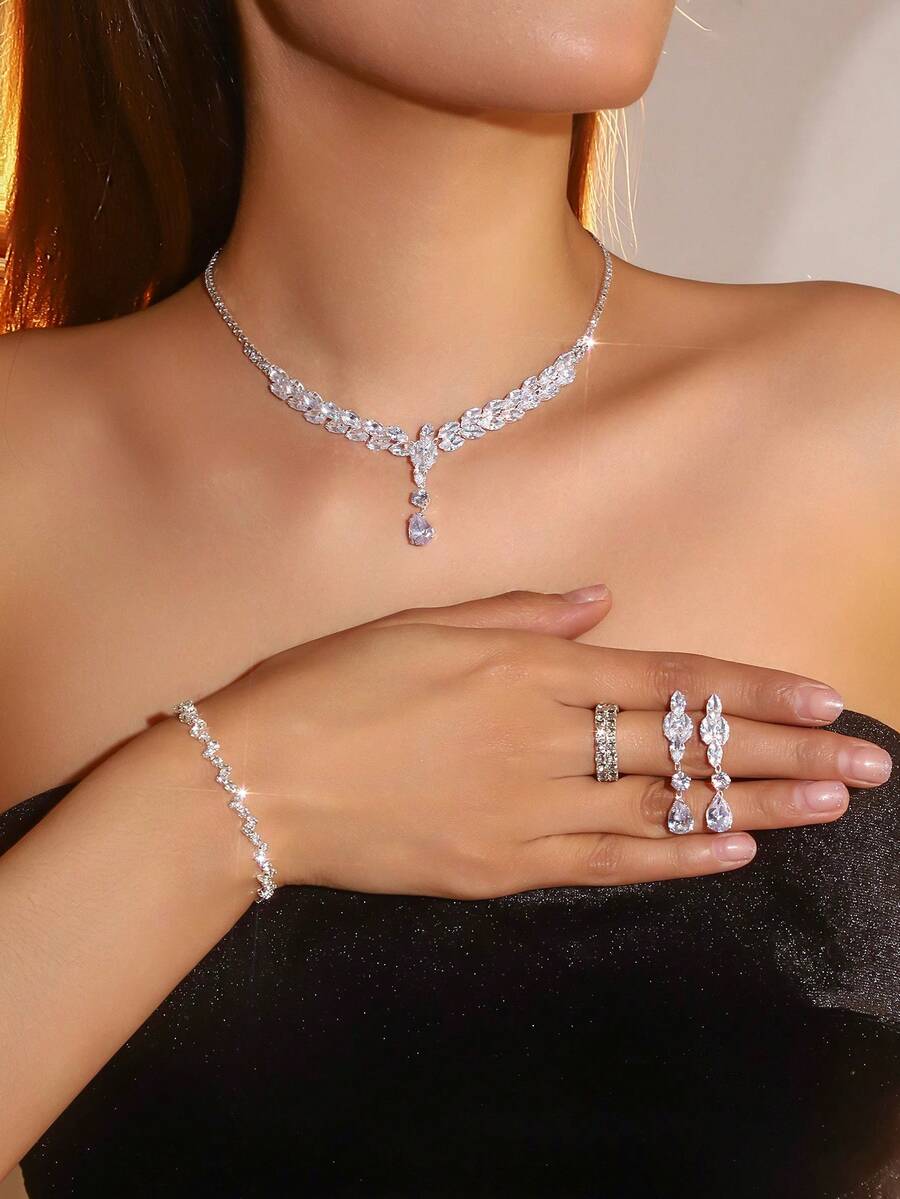 5pcs Luxury Rhinestone Jewelry Set, Including Necklace, Earrings, Bracelet And Ring, Designed For Women's Daily Commute, Wedding, Party And Holiday Gifts - Silver - View 1
