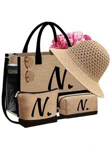 Bộ 4 túi đi biển, thiết kế in hình trái tim độc đáo với các chữ cái từ A đến Z. Mũ chống nắng khoét lỗ mùa xuân hè, mũ xô kiểu Bohemian và mũ len thoáng khí vành rộng kiểu ngư dân. - Nhiều màu - Xem 22