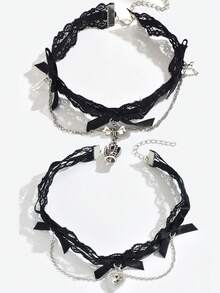 1pc Women's Versatile Choker Necklace With Bow, Lace, Heart, Crown Pendant, Collar Necklace - Multicolor - View 1