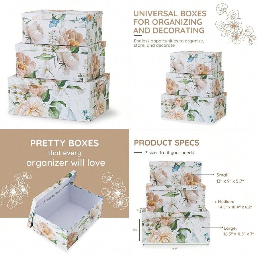 Decorative Cardboard Storage Boxes With Lids For Home Decor And Organization, Set Of 3 Large Keepsake Boxes For Memories Amp Gifts, Nesting Floral Photo Storage Containers, Floral Revival - FloralRevival - View 1