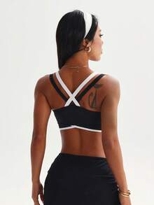 Women's Fashion Black & White Removable Padded Criss-Cross Neck Sports Knit Bra - Black and White - View 2