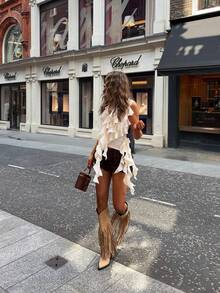 Women's White Ruffle Asymmetric Tank Top | V-Neck Sleeveless Casual Top - Apricot - View 9