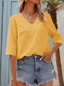 Women's V-Neck Half Sleeve T-Shirt, Loose Fit Casual Basic Top - 黃色 - 查看 3