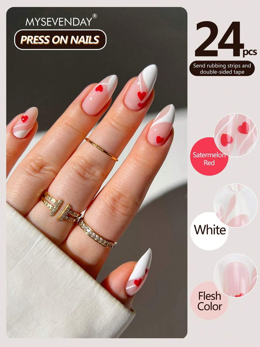 Valentinstag Film A /24 Stücke Aufklebe-Nägel Mandel/Liebe Muster Französisch Nail Art Stücke Erhöhen Ihre Eleganz/Kommt mit Gelee-Kleber und Schleifstreifen Geeignet für Aggregation, wiederverwendbar für täglichen Gebrauch Nagelbedarf - Verschiedenfarbig - Übersicht 1