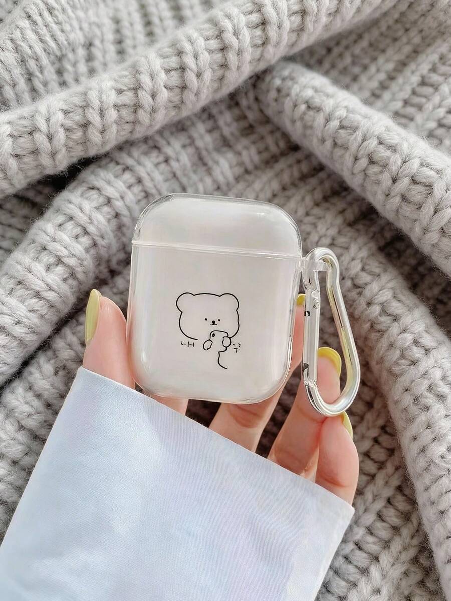 1pc Transparent Case With Line Design & Bear Pattern Earphone Case + Hook, Compatible With Apple Pro 2/4/3, Transparent Earphone Cover For AirPods Pro 3 - Multicolor - View 1