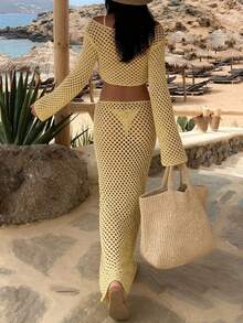 MORI Yellow Hollow Out Boat Neck Knit Long Sleeve Cropped Cover Up, Elegant Casual Beach Outfit; Two Pieces Set With Tie-Waist Maxi Knit Skirt, Comfortable Loose Fit Holiday & Daily Wear