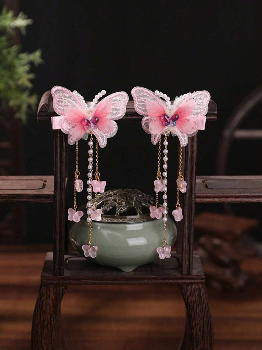 2个中国风汉服珍珠蝴蝶发夹，适合女孩佩戴 - 查看 1