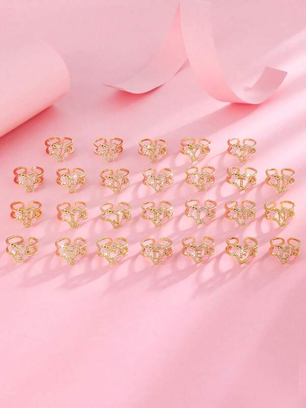 1pc Luxury Women's Ring, Copper Inlaid Artificial Zirconia 26 Letter Open Ring, Suitable For Daily Wear, Gift For Friends, Valentine's Day, Ramadan