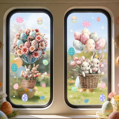 1/3pcs Lovely Rabbit Window Stickers Tulips Easter Eggs Balloon Decals Static Cling Reusable Glass Paste For Bedroom Kitchen Spring Holiday Party Supplies Home Interior Ornament