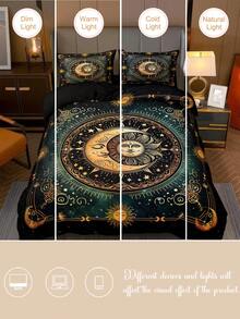 Bộ ga trải giường in kỹ thuật số họa tiết Mặt Trời, Mặt Trăng & Sao (1 ga trải giường + 2 vỏ gối, không bao gồm ruột gối), chất liệu sợi polyester mềm mại, thân thiện với da, phù hợp cho phòng ngủ, phòng ngủ chính, phòng khách, mọi mùa. - Nhiều màu - Xem 8