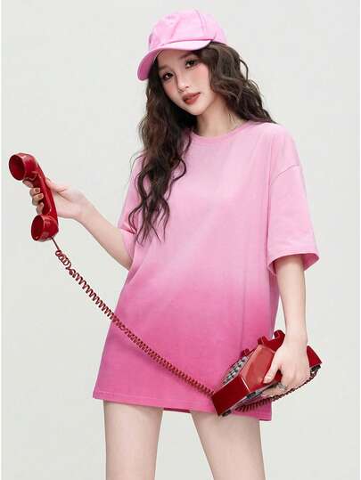 Ombre Short Sleeve T-Shirt For Women, Summer Korean Style Loose Plus Size Midi Tops, Versatile Top Casual