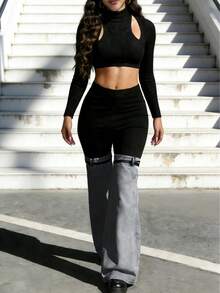 Y2K Streetwear Patchwork Wide Leg Pants For Women High Waist Stretch Black Top With Washed Denim Flared Bottom And Decorative Belt Straps - Xám - Xem 2