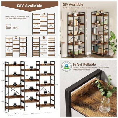 Triple Bookshelf, 5 Tier Industrial Bookshelf With Metal Frame, Large Bookcase With Open Shelving, Wooden Storage Shelves, Wide Display Rack Living Room