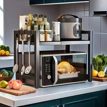 Extendable Black Kitchen Rack: 2 Tier Structure, 40 - 65cm, With 6 Hooks For Microwave Oven Holder, Utility Racks, Utility Racks - Black - View 5