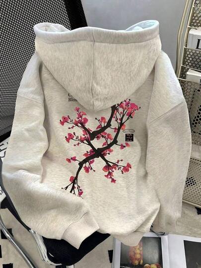 Plus Size Women Casual Cherry Blossom Print Drop Shoulder Hoodieprinted Sweatshirt Sakura Oversized Long Sleeve Hooded Pullover Tops Autumn Daily