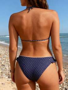 Women Polka Dot Bikini Sets Halter String Triangle Top Bottoms Ruffle Bathing Suit 2 Piece Swimwear - Dark Blue - View 4