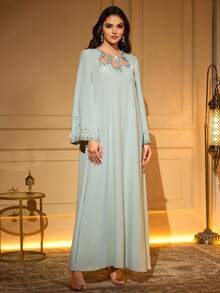 优雅阿拉伯风格长裙，圆领，长袖，提花贴花，珍珠和3D玫瑰镂空细节，无弹力 - 薄荷綠 - 查看 6