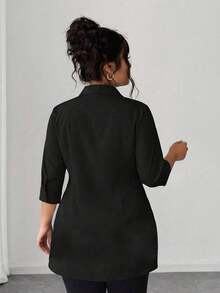 Elegant Black Ruched Waist Ruffle Hem Shirt, Fitted 3/4 Sleeve Button Down Blouse, Women's Casual Office Work Top - Black - View 2
