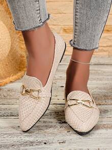 New Woven Loafers, Pointed Toe Metal Buckle Flat Shoes, Versatile Casual Slip-On For Students, Commuting For Working Women, Available In Black, White, Beige - Apricot - View 3