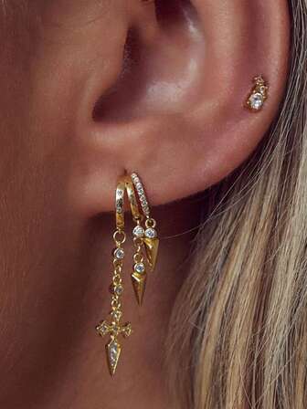 1 par de pendientes tipo aro triple dorado con encantos colgantes de cruz y pico de circonita cúbica, pendientes únicos de gota como regalo de joyería para mujeres y niñas