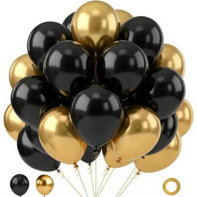 70Pcs Black And Gold Balloons Set, Metallic Gold And Black Balloons For Graduation Anniversary Birthday Party New Year Wedding Decoration