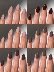 144片（6种混合款式）短椭圆形棕色和杏色亮面亚克力美甲贴纸，全覆盖假指甲，按压式美甲贴纸，包含1瓶果冻胶和1个指甲锉，适合女性和女孩日常、工作、学习和派对使用的美甲用品 - 查看 2