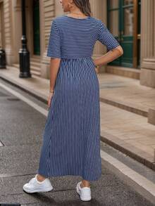 Nursing Line Print Round Neck Short Sleeve Dress - Blue and White - View 6