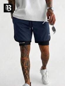 两件套舒适男士二合一短裤，柔软透气面料，双层KEFR字母印花抽绳短裤，街头风，可机洗，适合日常通勤和外出穿着。 - 彩色 - 查看 3