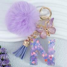 Cute Pom Pom Sequin Letter A-Z Resin Tassel Keychain, Wallet & Handbag Charm, Chain Backpack Pendant, Car Hanging Ornament, Girl Gift, School, Car Accessories, Gothic Y2k - Purple - View 10