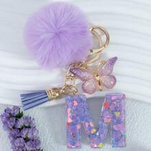 Cute Pom Pom Sequin Letter A-Z Resin Tassel Keychain, Wallet & Handbag Charm, Chain Backpack Pendant, Car Hanging Ornament, Girl Gift, School, Car Accessories, Gothic Y2k - Purple - View 6