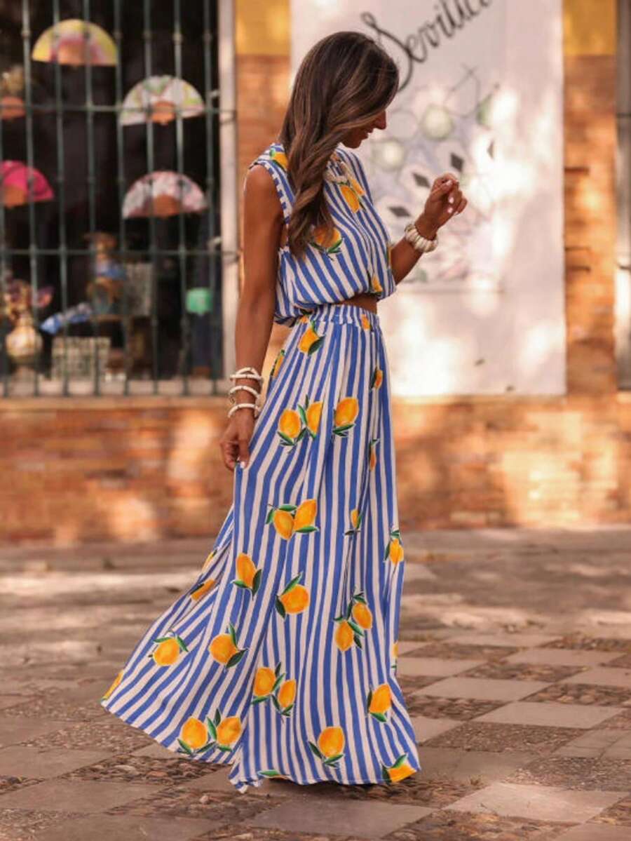 Bộ đồ ZIMO gồm áo không tay và chân váy maxi xẻ tà cạp chun kiểu Bohemian in họa tiết chanh, cổ tròn, chất liệu vải dệt in sọc chanh, trang phục thường ngày cho kỳ nghỉ hè. - Màu xanh lam - Xem 1