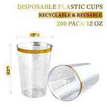 200Pcs 12 Oz Gold Rim Clear Plastic Cups - Heavy-Duty Fancy Disposable Tumblers | Elegant Party & Wedding Tableware - Vàng - Xem 6