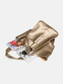 女款金色大容量軟 PU 皮革托特包，復古隨性單肩便攜購物包，適合辦公通勤與筆電收納，拼接設計，高端極簡風格，女款單肩包手提包，適合學生與職場女性 - 金色 - 查看 8