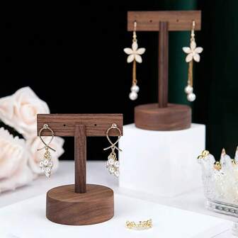 Walnut Round Bottom T-Shaped Earring Display Stand, Earring Organizer Holder Rack For Earrings, Earrings Display Shelf