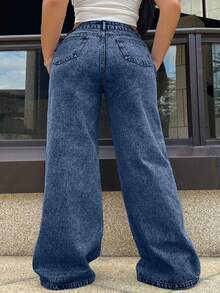 Plus Size Women's Spring/Summer Fashion Casual Jeans, Versatile For Festivals, Vacation, Daily Wear, Dating, Singles Party, Travel, Tea Party, Airport , Relaxed Wide Leg Comfortable Denim Pants - Dark Wash - View 5