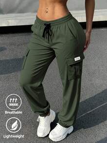 Women's Drawstring Waist Cargo Pants, Lightweight Breathable, Large Pockets Design, Versatile Casual Wear For Daily Occasions - Green - View 2