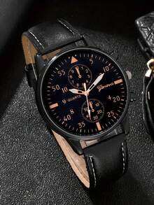 2pcs/Set Minimalist Casual Men's Quartz Watch Set, All-Black Design (Includes 1 Leather Strap Quartz Watch And 1 Black Chain Bracelet). Featuring An All-Black Design, Multi-Function Chronograph Dial, Comfortable Leather Strap, And A Simple Yet Fashionable Chain Bracelet. The Overall Style Is Steady And Capable, Showcasing The Charm Of A Gentleman. - Black - View 6
