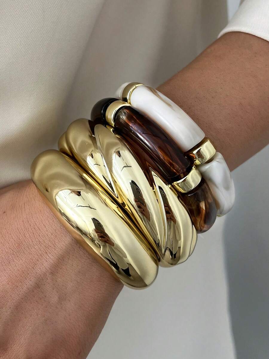 4pcs/Set Vintage Minimalist Elegant Resin Acrylic Brown Elastic Bracelet & Bangle Set, Gold Stripe Smooth Open Cuff, Suitable For Women Daily, Party, Valentine's Day, Dating, Holiday Gift, Stackable, 2026 New Arrival