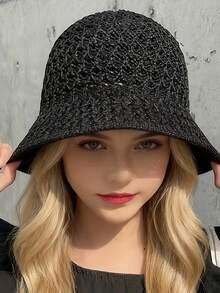 Sombrero de sol calado de primavera y verano, sombrero de cubo estilo bohemio y gorra de punto de ala ancha transpirable. Protección UV, moda multifuncional, puede hacer que tu rostro se vea talla grande pequeño. - Multicolor - Ver 5