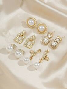 5对简约水钻几何蝴蝶结仿珍珠耳环，优雅法式设计耳环套装，适合女士日常及节日佩戴