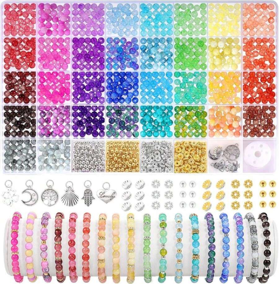 Funtopia 8mm Glass Beads For Bracelets, 36 Colors Crystal Beads For Jewelry Making, 1061pcs Bracelet Making Kit, Round Glass Bead For DIY Earrings Necklace Crafts With Spacer Bead And Charms - ColorD - 查看 1
