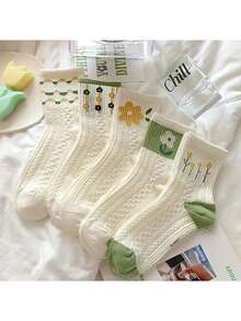 5双装女士印花船袜，弹力透气百搭袜 - 彩色 - 查看 3