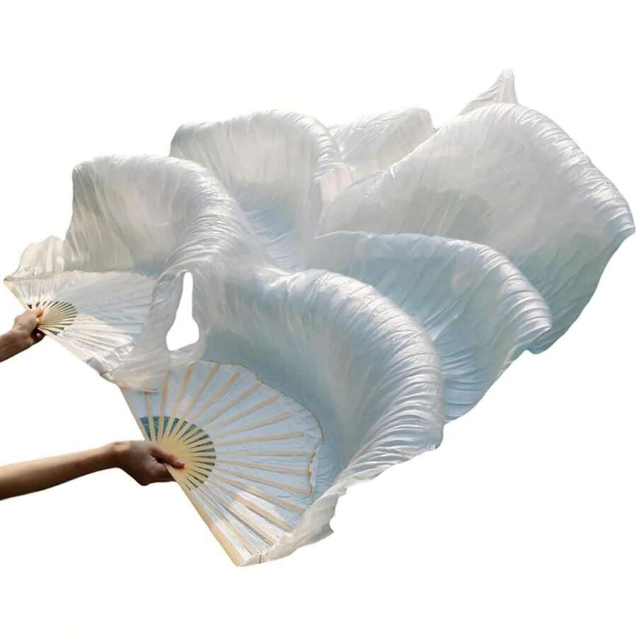 1 Pair(Left+Right) Belly Dance Fan Artificial Silk Fans,Colorful Dancing Fabric Fans,Long Folding Belly Dance Fans Dancing,Length 180cm Width 90cm - 白色 - 查看 1